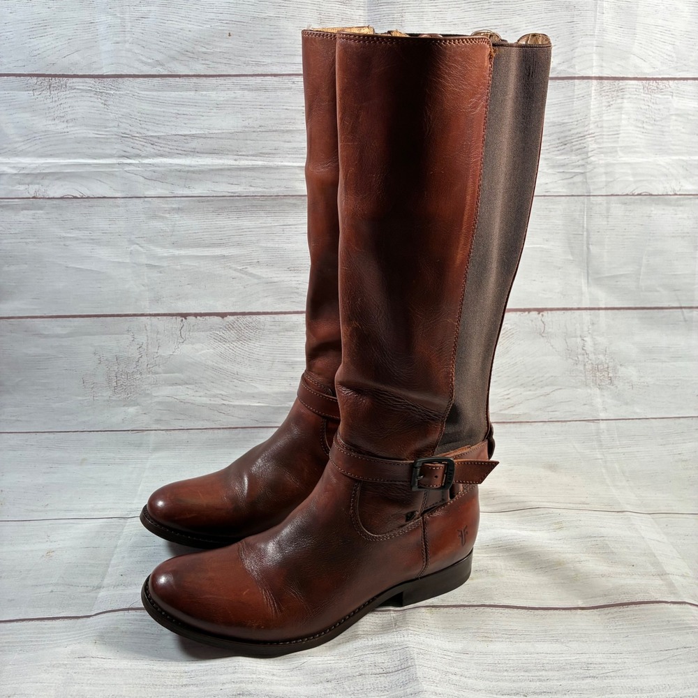 Frye Melissa Tall‎ Riding Boots Womens 7.5 Cognac Brown Leather Back Zip Buckle